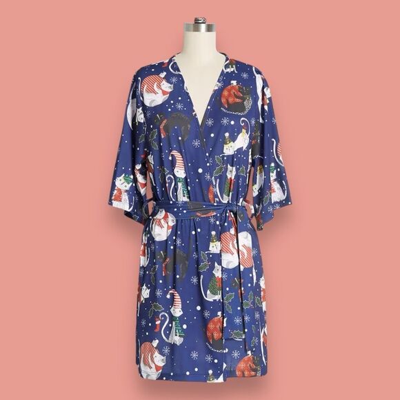 NWT Modcloth Feline Christmassy Robe Cats Christmas Happy Holiday Womens S/M - Picture 1 of 5